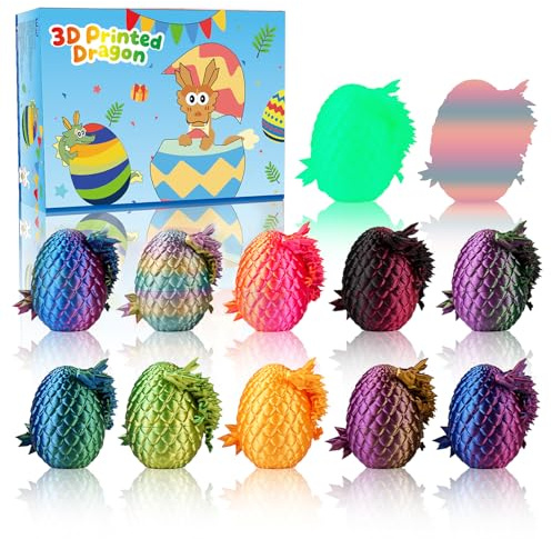 12PCS 3D Printed Dragon Eggs with Dragons Inside, Articulated Crystal Dragons Fidget Toy Ideal Easter Gifts for Kids