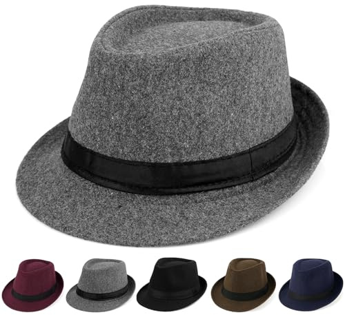 Cappello Initlove da uomo Fedora in feltro classico Panama a tesa corta Trilby, Grigio, Taglia unica