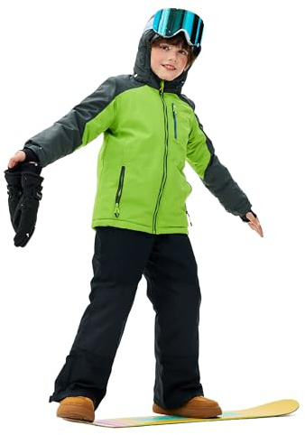 SMONTY Skianzug für Mädchen und Jungen, wasserdicht, Snowboard, elastische Kapuze, Jacke mit Latzhose, winddichte Winterwärme (14 Jahre, Grasgrün, Grau)