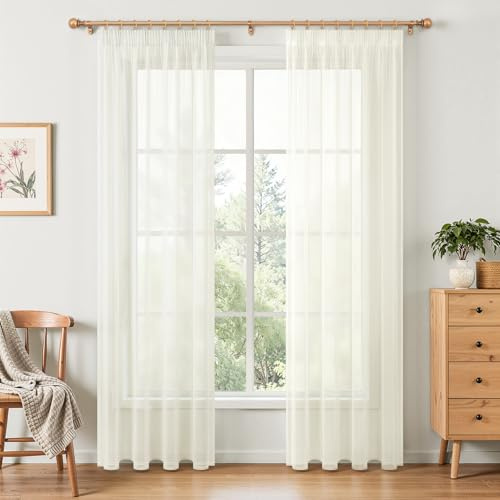 MRTREES Gardiner med veckband, Stores, gardiner, krämfärgad, transparent, 225 x 140 cm (HXB), set om 2, gardiner i linneutseende för vardagsrum, sovrum, flickor, ungdom, gardiner