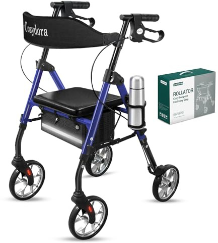 Cosydora Rollator Walkers for Seniors with Seat, 13.6 Lbs Ultra Lightweight Foldable Rolling Walker, 350Lbs Heavy Duty Aluminum, 8 All Terrain Wheels, Dual Adjustable Height, Navy Blue