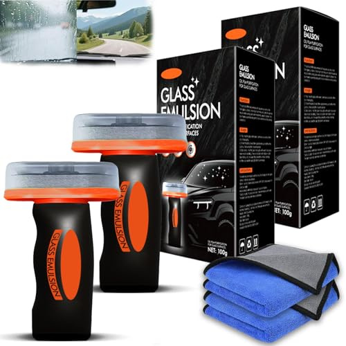 Hyhuiyin 2PCS Q4 Glass Guard, Hand-Held Glass Emulsion Cleaner with Towel Automotive Oil Film Cleaning Brush Car windshield Oil Film Remover Stubborn Oils Residue and Water Spots for Windows Mirrors