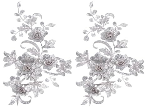 HOBBIESAY 2 Stück Bestickte Spitzenapplikationen Silber Spitzenstickerei Applikationen Verzierungen Pailletten Perlen Blumen Applikationssets Zum Aufnähen Für Hochzeitskleider Brautmoden Nähen