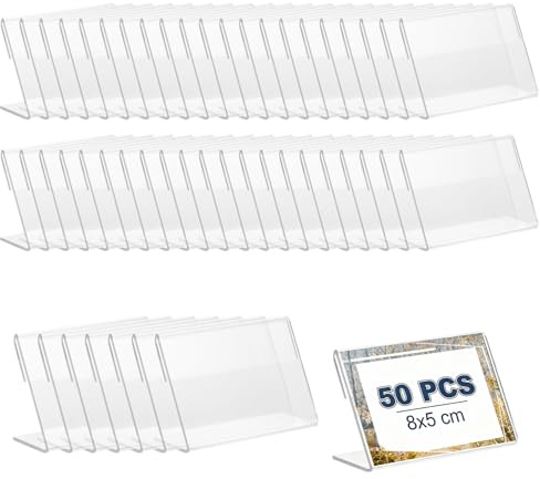 Soporte de Etiquetas de Acrílico, 8 x 5 cm, 50 Piezas Soporte de Etiquetas de Precio, Expositor de Mesa, Soportes para Tarjetas de Nombre, para Oficinas, Comercios, Supermercados, Restaurantes