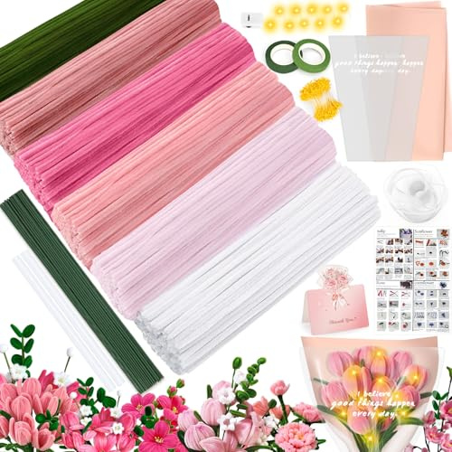 ZLPBAO Pfeifenreiniger Blumen Set, 450 Stück 6 Farben Pfeifenreiniger Set mit Anweisungen zur Herstellung von Verschiedenfarbigen Pfeifenreiniger Sträußen, für DIY Geschenke und Dekorieren