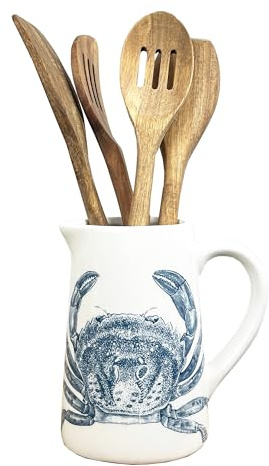 16cm Tall Off-White & Blue Nautical Crab Ceramic Kitchen Utensil Storage Pot/Decorative Jug