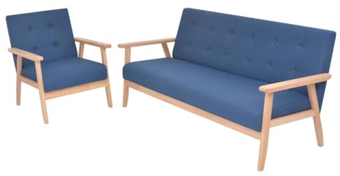 WDGJJFECNMUEHI Sofagarnitur 2-TLG. Stoff Blau, Polstergarnitur Wohnzimmer Set mit Sessel und 3-Sitzer Sofa, Bequemes Skandinavisches Design, Einfache Montage, Massivholz Gestell
