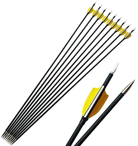 SHARROW 12pcs Carbonpfeile 31 Zoll mit Naturfedern Carbon Pfeile für Bogen mit Pfeilköcher Spine 1000 Bogenpfeile Zielübungspfeile für Compound und Recurvebogen (Gelb)