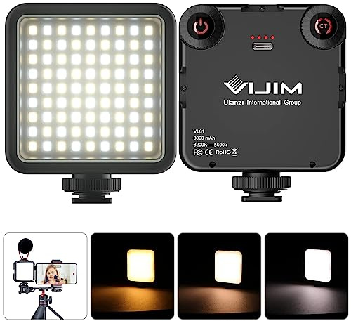 Lumière Caméra,LED Lampe avec 3 Cold Shoe,Eclairage Video Rechargeable 3000mAh,Lumiere Photo Professionnelle CRI95+Dimmable 3200K-5600K pour Tournage Vlog VIJIM VL81 LED