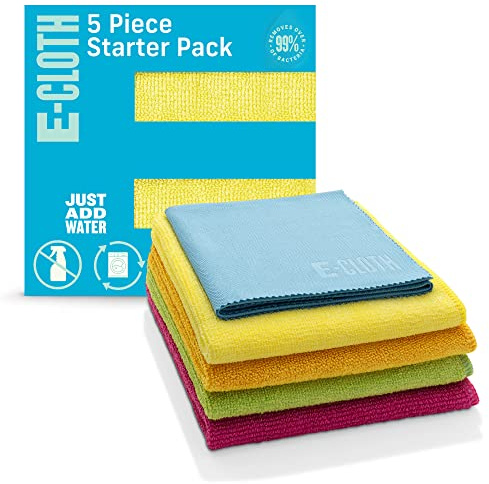 E-Cloth 5-pc Starter Pack- Microfiber Cleaning Cloth Set with Reusable Cleaning Cloth and Glass Polishing Cloth, Assorted Color Microfiber Cleaner for Bathroom, Kitchen, and Car - 1 Pack