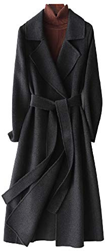 GL SUIT Dam 100 % ull trenchcoats höst vinter enfärgad kashmirrock smal varm lång ylle ytterrock långa ärmar cardigan jackor ytterkläder med bälte, svart, S