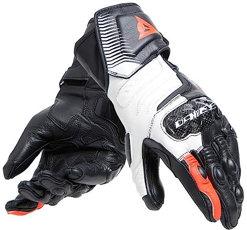 Dainese - Carbon 4 Long Lady Gloves, Guantes Moto Largos, Deportivos, en Piel, con Protecciones de Carbono en los Nudillos, Mujer, Negro/Blanco/Rojo Fluo, M
