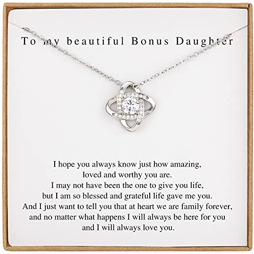 Famdecor Bonus Tochter Geschenke Bonus Tochter Halskette von Bonus Mom & Stepdad Sterling Silber Knoten Halskette für Stieftochter Geschenke von Stiefmutter, Metall, Kein Edelstein