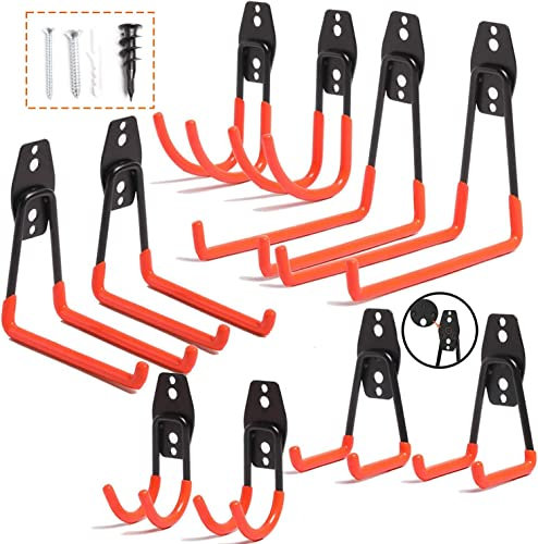 Garage Hooks, 10pcs Pack Heavy Duty Steel Tool Hangers for Garage Wall Mount Utility Hooks and Hangers with Anti-Slip Coating for Garden Tools, Ladders, Bikes, Bulky Items