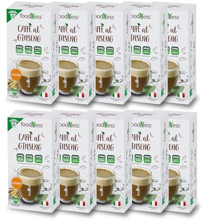 Foodness - 10 Box da 10 Capsule di Ginseng Classico, Capsule Compatibili con Sistema Nespresso, Solubile per Caffè con Estratto di Ginseng, Senza Glutine, Additivi, Lattosio e Zuccheri Aggiunti
