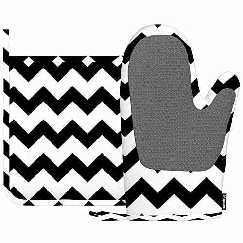 Mxocom Silikon-Ofenhandschuhe und Topflappen, Zickzack-Muster, schwarz-weiß, BBQ-Handschuhe für Küche, Kochen, Backen, Grillen