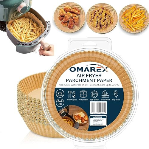 Air Fryer Liners, 50 PCS 7.9 Inch Greaseproof Round Air Fryer Parchment Paper Liner, OMAREX Premium Quality Disposable Airfryer Liners Accessories for Baking, Microwave Roasting