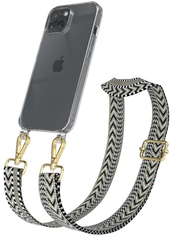 EAZY CASE Handykette - Verstellbares Taschenband kompatibel mit iPhone 15, Schulterriemen, Handykordel mit Silikon Hülle, Umhängetasche, Grün Schwarz Gold