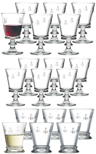 La Rochère Abeille Abeille Lot de 18 verres à vin et à eau avec relief antique, 6 verres à vin rouge et blanc Verre à eau Transparent