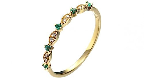 AMDXD 14 Karat 585 Gold Ring für Damen, Hochzeitsring mit Smaragd Grün Rund, 14K Gold Freundschaftsringe Bandringe Echt Schmuck, Gold, Gr.61