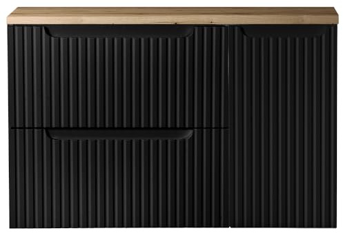Lomadox Badezimmer Waschtisch-Unterschrank 90cm, in schwarz mit Eiche, gerillte Front, grifflos