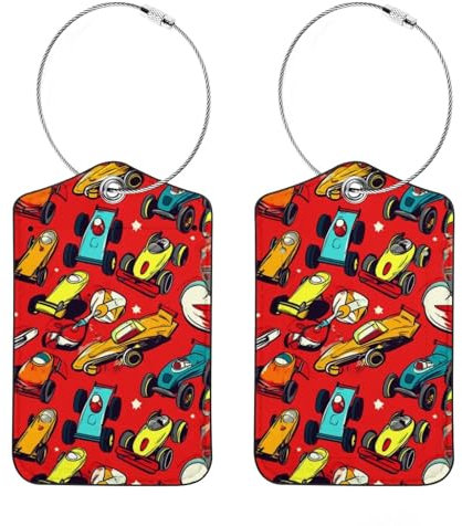 Gepäckanhänger aus Leder, Gepäckanhänger für Koffer, Reisegepäckanhänger mit Namensausweis und Stahlschlaufen, roter Hintergrund, Auto-Muster, Kreuzfahrt-Hangbag-Zubehör, Halter für Gepäcktaschen, 2