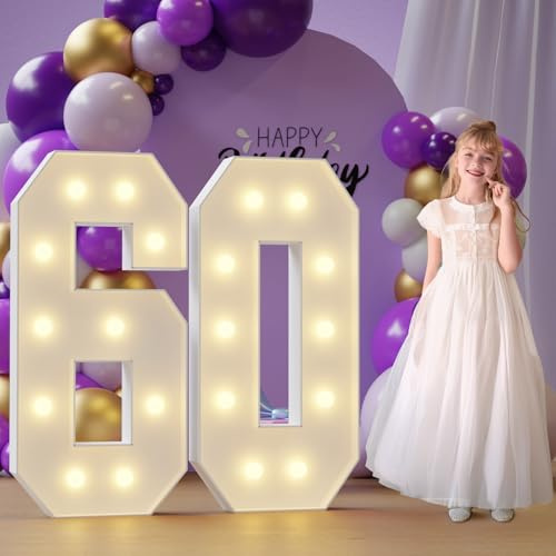 Rielmox 60th Birthday Decorations, 4FT Large Party Decor Marquee Light Up Numbers Kit Sixty Mosaic Backdrop for Mom Dad Grandparents 60-Year-Old Decades Anniversary, DIY Set