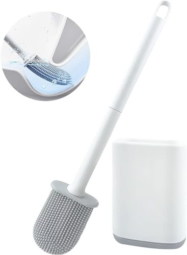 LEDURAPROMT Silicone Toilet Brush and Holder Set, Wall Mounted, Flexible Flat Toilet Brush, Deep Cleaner Toilet Brushes and Holder for Bathroom with Turbo Drying, Bathroom Brush No Drilling (White)