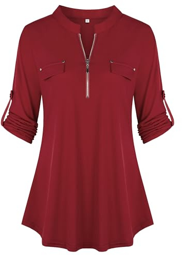 Lalala Damer V-ringad 3/4 ärm blus enfärgad rutig skjorta dragkedja tunika toppar lång skjorta t-shirt, A_vinröd 2, M