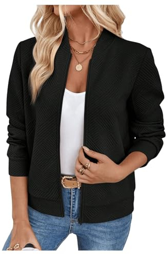 Verdusa Women's Zip Up Bomber Jacket Casual Long Sleeve Textured Lightweight Coat Business Casual Outfits Spring Fall Clothes Black Medium