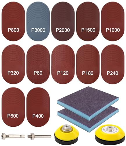 Cexovo Papel de Lija 75 mm 128 Piezas Circular Disc Hook and Loop Grano 80 120 180 240 320 480 600 800 1000 1200 1500 3000 con Vástago de 1/4 y Almohadilla Amortiguadora de Espuma Blanda