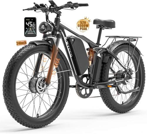 E·Bycco 6000W Peak Dual Motor Electric Bike for Adults, 52V 32AH Battery, Max 40-45MPH &100Miles, Full Suspension, Hydraulic Brake, Fat Tire E-Bikes for Men Women(White/Black, 24in)