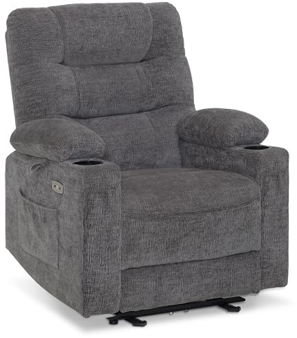 M MCombo Sillón de relax con función reclinable, sillón de televisión eléctrico, reclinable, tela de chenilla, USB y soporte para bebidas, salón, 7033 (gris)
