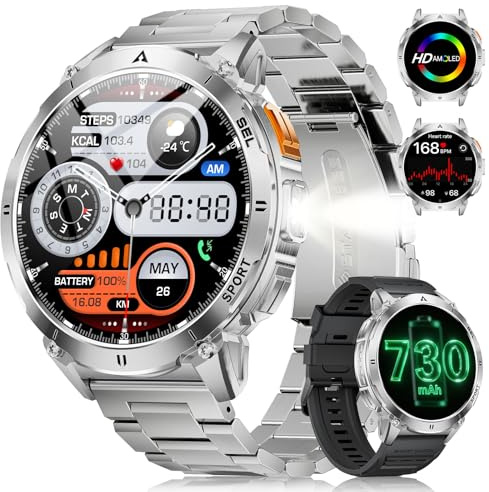 FOXBOX 1.62 AMOLED Reloj Inteligente Hombre, 3ATM Impermeable Smartwatch con LED Linterna para Android/iOS, 110+ Deportes Smart Watch, 24/7 Frecuencia Cardíaca/Monitoreo del Sueño, Plateado