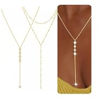 2 delar långt Y-format damhalsband 14K guldpläterat, elegant damhalsband med glänsande zirkoner, justerbart långt lariat-halsband, flerskiktat choker-halsband damsmycken för fest och present