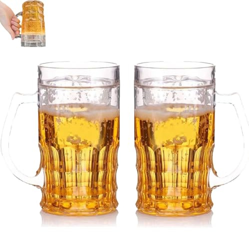 Lot de 2 verres à bière factice - Chope à bière double paroi - Refroidisseur de bière et de boisson avec fausse bière - 420 ml - Double paroi - Avec poignées
