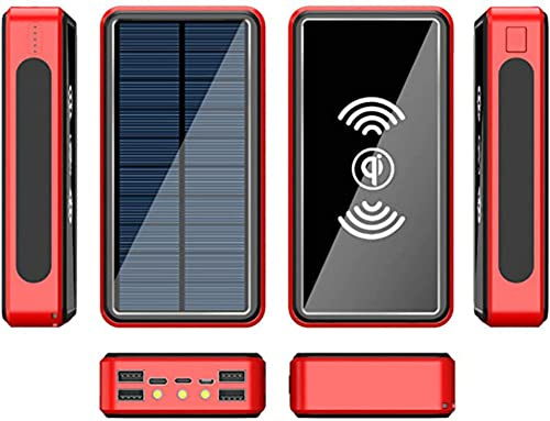 Banque d’Alimentation,PowerBank Chargeur Portable Chargeur Solaire sans Fil 10W Charge Rapide Batterie Externe Portable 4 Sorties (USB) Lampe de Poche LED étanche, Rouge, 80000Mah