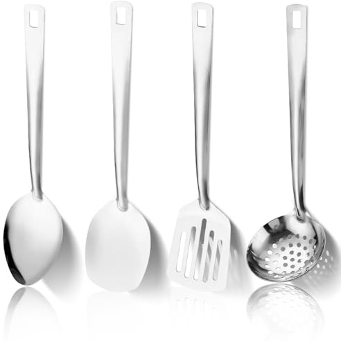 Lot de 4 ustensiles de cuisine en acier inoxydable, spatule fendue, spatule solide, cuillère fendue, louche, ustensiles de cuisine résistants, accessoires de cuisine essentiels pour la maison