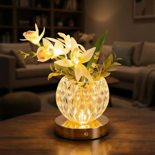 Lampada da tavolo a forma di orchidea con vaso di cristallo, lampada da scrivania senza fili, dimmerabile e ricaricabile, piccola luce notturna per camera da letto, casa, regalo romantico per ragazze