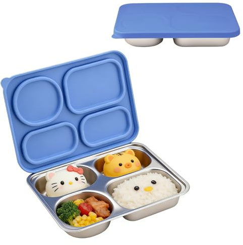 Avemest Fiambrera De Acero Inoxidable Para Niños,Fiambrera Con 4 Compartimentos A Prueba De Fugas,Lunch Box Adultos,Con Funda De Silicona,Bento Box Kids,Lonchera Para Niños,Para Almuerzo Escolar-azul