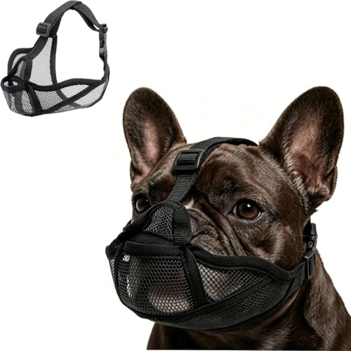 Maulkorb für Französische Bulldogge, Atmungsaktives Netzgewebe Hundemaulkorb für Kurzschnäuzige Rassen (Mops/Shih Tzu), Verstellbar, Hecheln & Trinken Erlaubt, Schwarz (S)