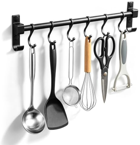 Perchero de cocina de 40 cm, para colgar utensilios de cocina con 6 ganchos | Barra de aluminio para utensilios de cocina, color negro