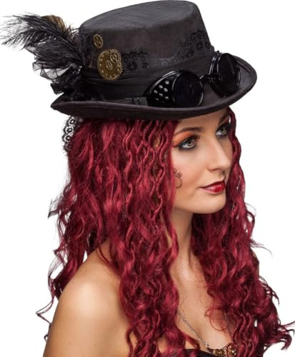 ORLOB Chapeau Mardi Gras Dames Cylindre Steampunkt avec Lunettes Noir, Taille Unique 58 (Tour de tête)