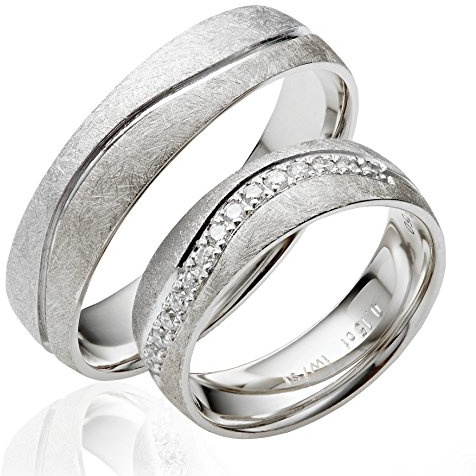JC Trauringe 2x 585 Gold Weißgold I Eheringe mit kostenloser Gravur I Verlobungsringe 5,5mm breit inkl. Etui-Box I Herren-Ring ohne & Damen-Ring mit Zirkonia-Steinen I Gr. 48 bis 72 I J139S