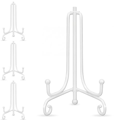 Tincogo (4 pack) 4 Inch White Iron Small Plate Stand Holder, Picture Easel, Display Stand For Cookie, Photo,Placecard or at Weddings, Birthday Party