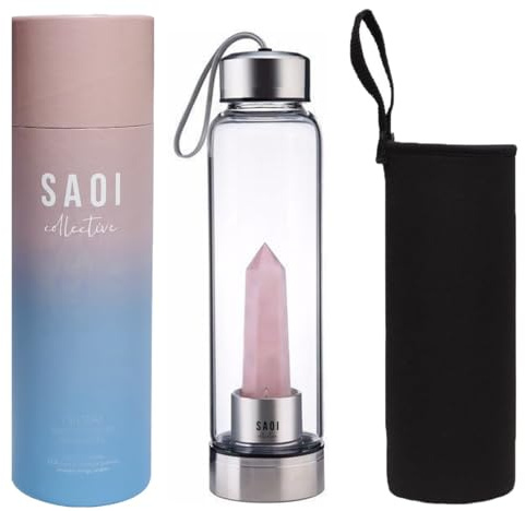 Crystal Water Bottle - Rose Quartz Gemstone Infused Elixir - Natural Wellness Healing - Glass/Stainless Steel