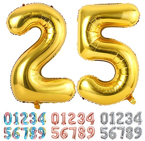 Ponmoo Luftballons Zahlen 25/52 Gold, Riesen Nummer 0 1 2 3 4 5 6 7 8 9 10-19 20-29 30-39 40 50 60 70 80 90 100, groß Folienballons für Hochzeit Jubiläum, Geburtstagsballons Party Dekoration