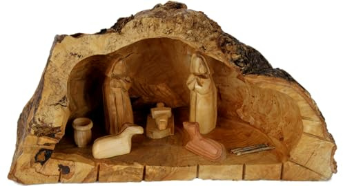 Holy Land Market Inspirierende Krippe aus Olivenholz aus Bethlehem – einzigartige Weihnachtskrippe für den Innenbereich, mit handgeschnitztem, rustikalem Holzstall, Krippenset, 12,7 - 20,3 cm