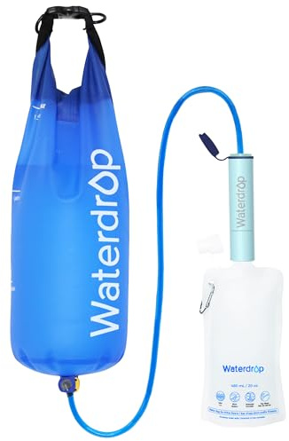 Waterdrop Gravity Water Filter Straw, Camping Water Filtration System, Water Purifier Survival for Travel, Backpacking and Emergency Preparedness, 1.5 gal Bag, 0.1 Micron, Light Blue