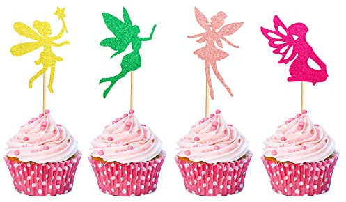 Arthsdite 48 Stück Glitzer vormontierte Blumenfee Cupcake Topper Engel Fee Pixie Cupcake Picks Glitter Ballett Tänzer Topper für Geburtstag Brautdusche Babyparty Hochzeit Dekoration